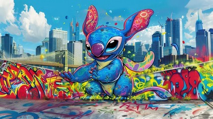 A surreal depiction of Stitch emerging from a graffiti-covered portal into a whimsical alternate reality with high building background 
