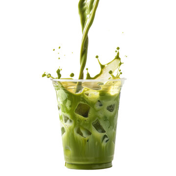 Green tea latte in a ready-to-drink glass, used as part of the beverage menu in a cafe. milk , matcha.