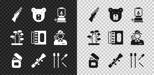 Set Hunting gun, Bear head, Camping lantern, Lighter, Sniper optical sight, Matches, African tree and Matchbox and matches icon. Vector