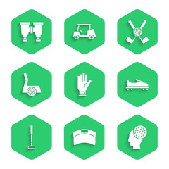 Set Golf glove, Sun visor cap, ball, shoe, club, with, Crossed golf and Binoculars icon. Vector