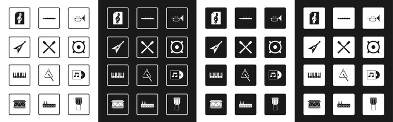 Set Trumpet, Drum sticks, Electric bass guitar, Treble clef, Stereo speaker, and drum, Vinyl disk and Music synthesizer icon. Vector