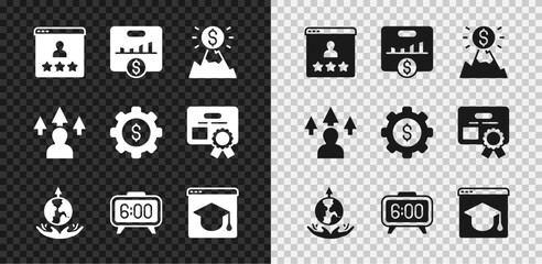 Set Customer product rating, Key performance indicator, Mountains with flag, World expansion, Digital alarm clock, Online education, Front end development and Gear dollar icon. Vector