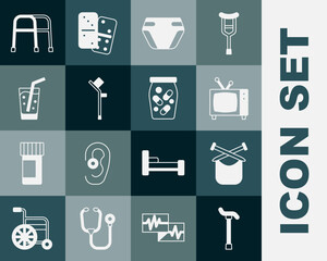 Set Walking stick cane, Knitting, Retro tv, Adult diaper, Crutch or crutches, Glass with water, Walker and Medicine bottle and pills icon. Vector