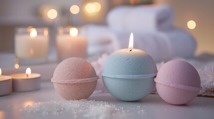 A collection of bath bombs and scented candles, creating a spa-like atmosphere for relaxation