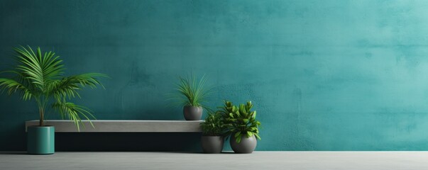 Turquoise minimalistic abstract empty stone wall mockup background for product presentation. Neutral industrial interior with light, plants, and shadow