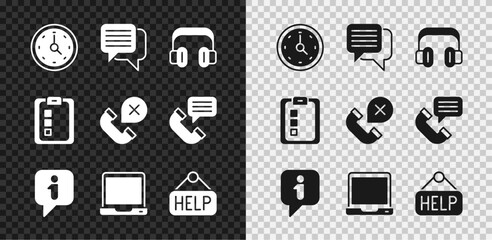 Set Clock, Speech bubble chat, Headphones, Information, Laptop, Signboard with text Help, Online quiz, test, survey and Declined missed call icon. Vector