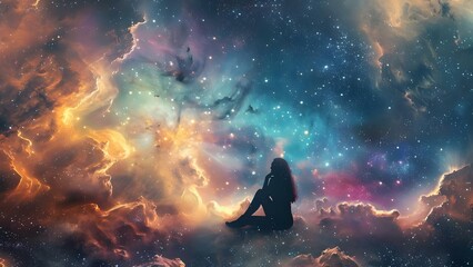 Abstract art of a woman sitting among galaxies in a vast nebula . Concept Abstract Art, Woman, Galaxies, Nebula, Sitting