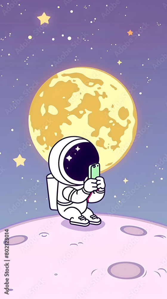 Poster a cartoon astronaut is sitting on a planet and taking a picture with a cell phone. the image has a p