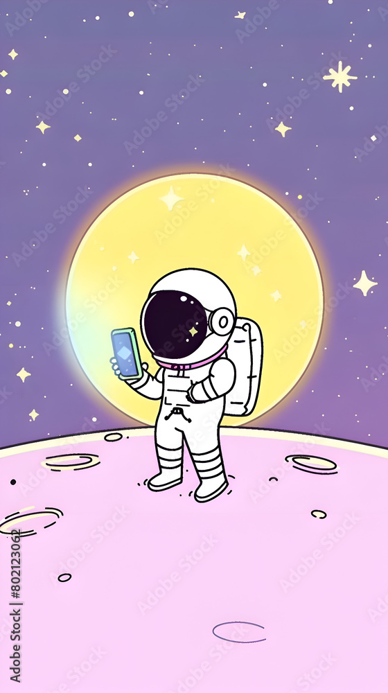 Poster a cartoon astronaut is sitting on a planet and taking a picture with a cell phone. the image has a p