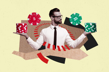 Composite photo collage of serious young guy dealer hold stack poker chips win prize gambling game...