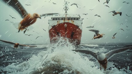 Close-up real-photo shot capturing the moment the cargo ship sets sail from the port, with natural elements like seagulls or waves adding to the scene