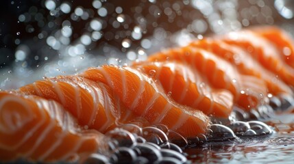 A close up of a piece of salmon with a lot of water droplets surrounding it