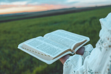 Open bible in hands close-up, concept of calmness and morning solitude