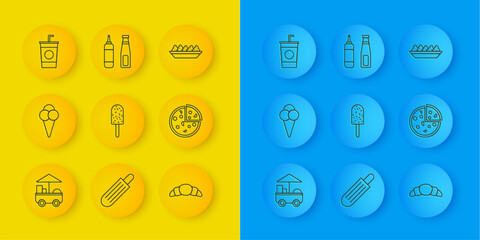 Set line Fast street food cart, Ice cream in waffle cone, Croissant, Pizza, Paper glass with straw, Nachos plate and Sauce bottle icon. Vector