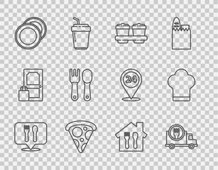 Set line Cafe and restaurant location, Fast delivery by car, Coffee cup to go, Slice pizza, Plate, Fork spoon, Online ordering and Chef hat icon. Vector