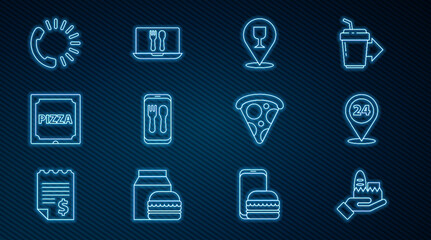 Set line Online ordering and delivery, Round the clock, Alcohol beer bar location, Pizza cardboard box, Food, Slice of pizza and icon. Vector