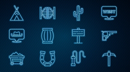 Set line Pickaxe, Revolver gun, Cactus, Gun powder barrel, Location cowboy, Indian teepee or wigwam, Road traffic signpost and Saloon door icon. Vector