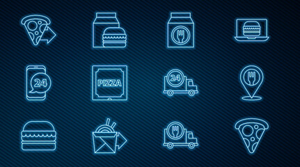 Set line Slice of pizza, Cafe and restaurant location, Online ordering delivery, Pizza cardboard box, Food, Fast by and burger icon. Vector