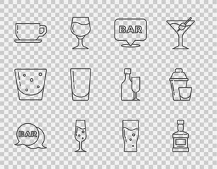 Set line Street signboard with Bar, Whiskey bottle, Alcohol bar location, Glass of champagne, Coffee cup, water, beer and Cocktail shaker icon. Vector