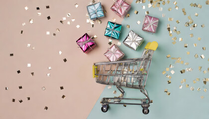 Time for buying present concept. Flat lay top close up view photo of mini metal little pushcart and falling tiny shiny present boxes isolated light pastel color background with empty space
 - Powered by Adobe