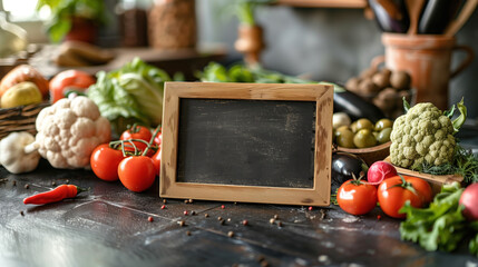 Fresh vegetables around an empty blackboard on a rustic kitchen table.
