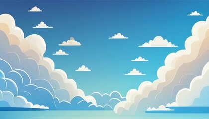 a wallpaper depicting a bright sky blue background dotted with fluffy, realistic white clouds - obrazy, fototapety, plakaty