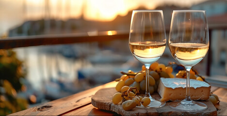 two wine glasses with pieces of different types of cheese's, grapes, on rustic table with seaside marina in background with sailboats, summer time, sea, wine, cheese
