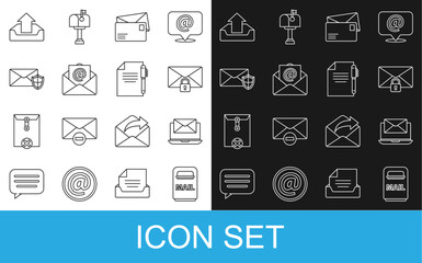 Set line Mail box, Laptop with envelope, message lock password, Envelope, and e-mail, shield, Upload inbox and Document pen icon. Vector