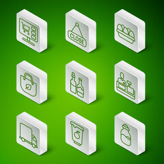 Set line Spice in can, Yogurt container, Shopping cart computer, Whiskey bottle, bag with recycle, Hanging sign Closed, Delivery cargo truck and Cashier at cash register icon. Vector