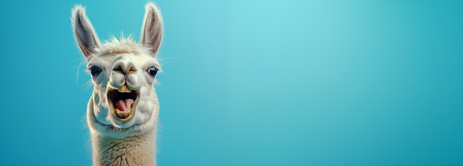 Fototapeta premium Funny llama on a blue background with copy space.