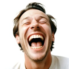 Hilarious laughing man on a white background.