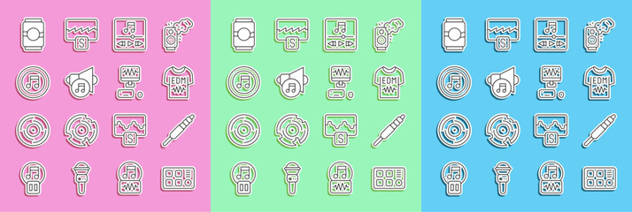 Set line Drum machine, Audio jack, T-shirt, Music player, Speaker volume, note, tone, Beer can and recording studio icon. Vector