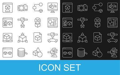 Set line 3D printer warning, car, software, Isometric cube, house, and icon. Vector