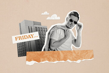 Creative photo collage young man model fashion outfit stylish sunglasses weekend friday urban city worker office clouds environment