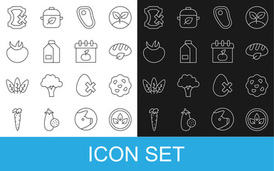 Set line Vegan food diet, Cookie or biscuit, bread loaf, Steak meat, Paper package for milk, Tomato, No leather and World Vegetarian day icon. Vector