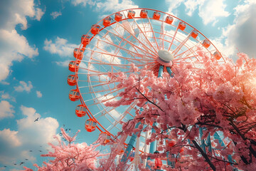Infrared Amusement: Giant Ferris Wheel Surrounded by Cherry Blossoms in Japanese Springtime