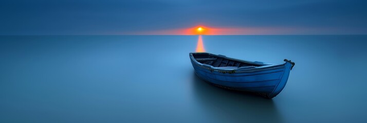 Tranquil sunset seascape with vacant wooden rowboat on serene and calm waters at dusk