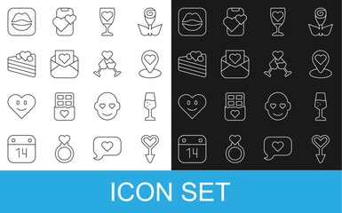 Set line Female gender symbol, Glass of champagne, Location with heart, Envelope Valentine, Wedding cake, Smiling lips and icon. Vector