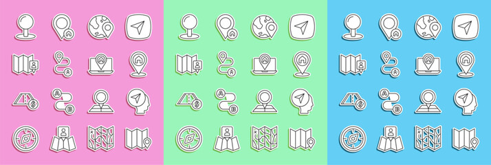Set line Folded map with location marker, Map human, Location house, the globe, Route, Push pin and City navigation icon. Vector
