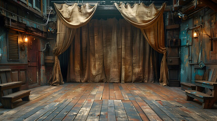 Intimate Rustic Theater Stage with Cozy Burlap Curtains and Soft Lighting
