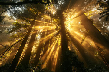 Sunbeams filtering through the branches of a majestic redwood forest.