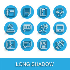 Set line Incoming call phone, Unknown search, Notebook, FAQ information, Mobile, Stacks paper money cash, Laptop and Telephone 24 hours support icon. Vector