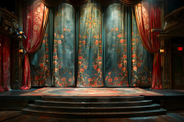 Intricate Hand Painted Curtains Adorning a Majestic Theater Stage Setting the Tone for a Captivating Performance