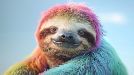 Naklejka premium A colorful sloth, cute and funny, blue sky, close-up