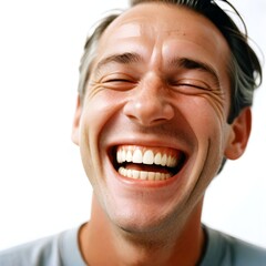 Hilarious laughing man on a white background.