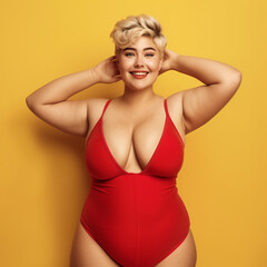 Fototapeta premium Beautiful overweight woman with short blond hair, stylish plus size model, focus on face, smiling in a red swimsuit on the yellow background, model, body positivity