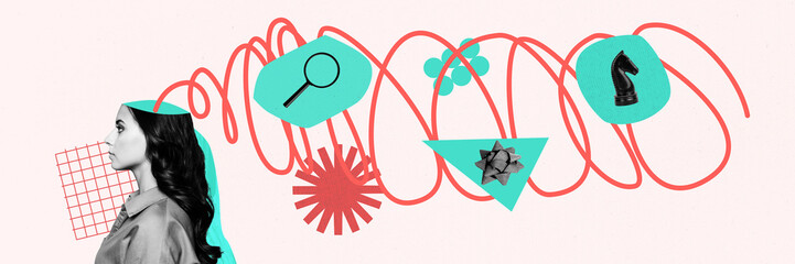 Panoramic creative picture collage young girl mind brain drawing doodles magnifying loop enlarger...