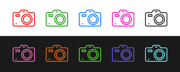 Set line Photo camera icon isolated on black and white background. Foto camera. Digital photography. Vector