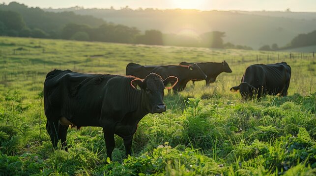 picturesque scenes of beef cattle grazing on lush pastures, highlighting the naturalness of the farming landscape