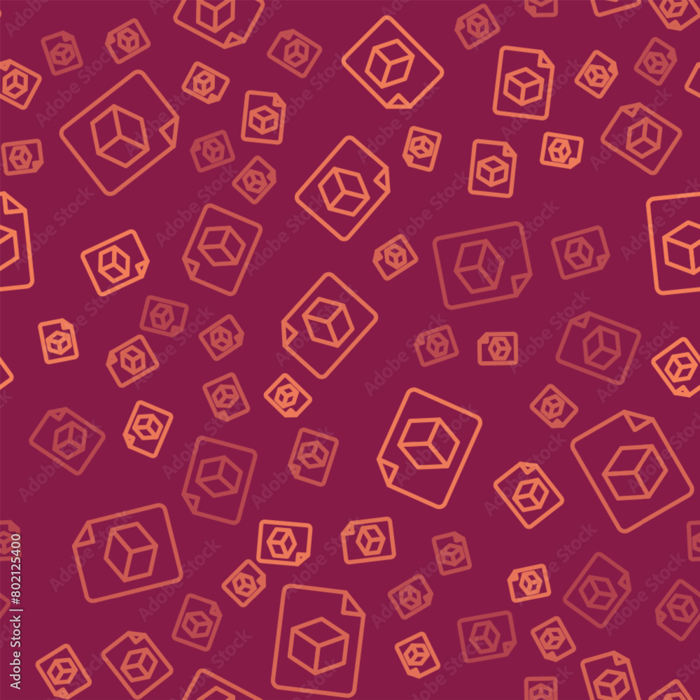 Poster brown line isometric cube file icon isolated seamless pattern on red background. geometric cubes sol